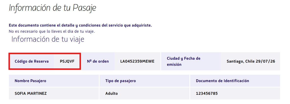 Imagen con ejemplo de código de reserva en la confirmación de compra.